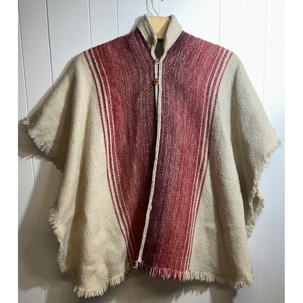 Vintage Handmade Wool Blend Fringe Poncho Cream Red Striped Cape One Size